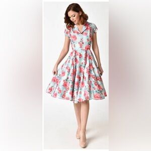 Hell Bunny SUZANNAH Vintage Roses Floral Check V-Neck Dress Rockabilly Small